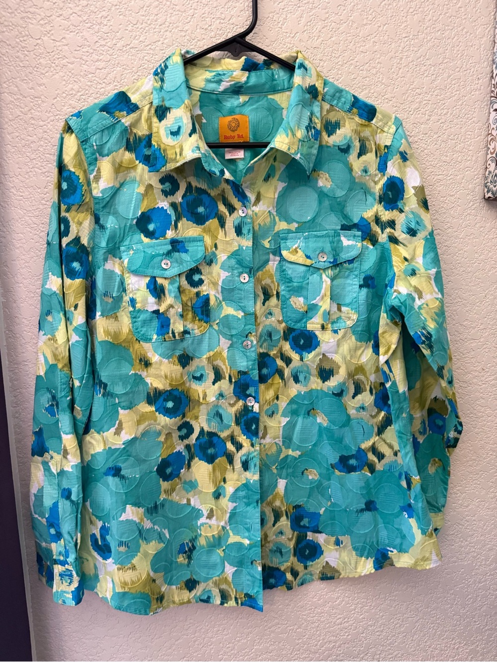 Ruby Rd. Teal Blue and Lime Green Button-Down Shirt 14